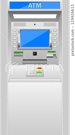 A freestanding Automated Teller Machine with a screen, keypad, and cash dispensing slot. 129926613