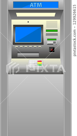 A gray automated teller machine with a screen, keypad, and slots for inserting cards/cash. A gray automated teller machine with a screen, keypad, and slots for inserting cards/cash. 129926615