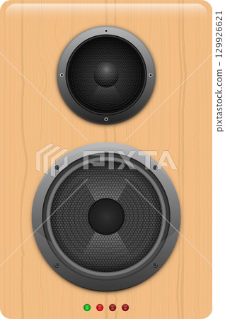Speaker with wood grain finish, two speakers, metal trim, and four indicator lights at bottom. 129926621