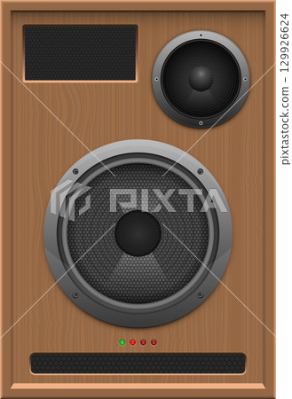 Close-up of a wooden audio speaker with a rectangular port and two round speakers, with LEDs Close-up of a wooden audio speaker with a rectangular port and two round speakers, with LEDs 129926624