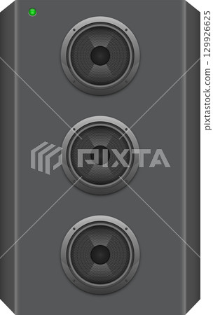 Audio amplifier with three round speakers arrayed vertically, power indicator light in the corner Audio amplifier with three round speakers arrayed vertically, power indicator light in the corner 129926625