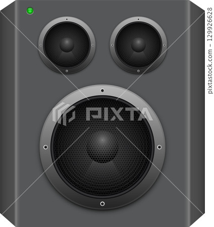 A gray loudspeaker with a green light in the upper left corner and three speaker ports. 129926628