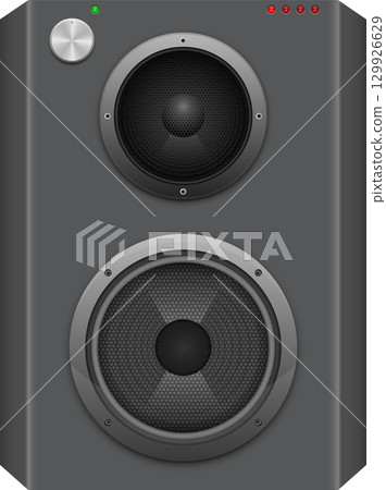 Illustration of a gray stereo speaker with two drivers, a volume knob and indicator lights. 129926629
