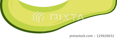Illustration of an avocado slice on a black background. The drawing has light and dark green hues. 129926632