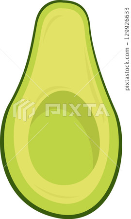 A graphic cartoon drawing of half an avocado with no seed, rendered against a black background. 129926633