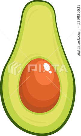Cartoon-style illustration of a halved avocado with its seed on a black background. Cartoon-style illustration of a halved avocado with its seed on a black background. 129926635