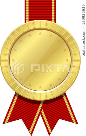 A gold medal with red and gold ribbon for recognition, achievement, and celebration. 129926639