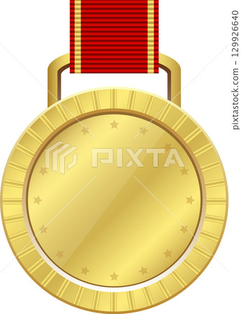 A gleaming gold medal with a radiant red ribbon, a symbol of achievement and excellence. 129926640