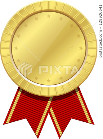 Shiny golden medal with red ribbons, representing achievement, recognition, and accomplishment. 129926641
