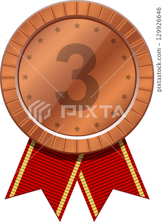 A bronze medal adorned with ribbons and a '3' marking, symbolizing third place achievement A bronze medal adorned with ribbons and a '3' marking, symbolizing third place achievement 129926646