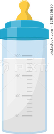 Cartoon baby bottle with a blue top, yellow nipple, and quantity measurements on the side. Cartoon baby bottle with a blue top, yellow nipple, and quantity measurements on the side. 129926650
