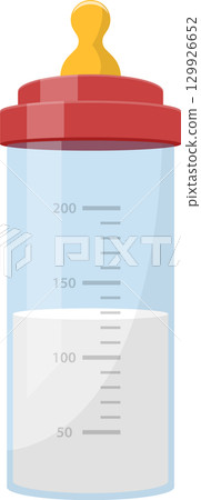 Illustration of a clear baby bottle with measuring marks, partially filled with white liquid. 129926652