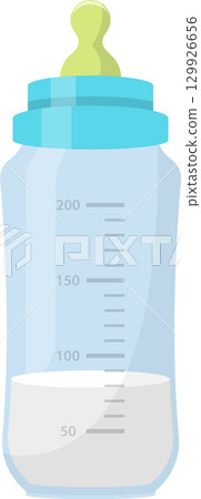 Blue baby bottle with measurement markings and a light green pacifier with a blue lid. 129926656