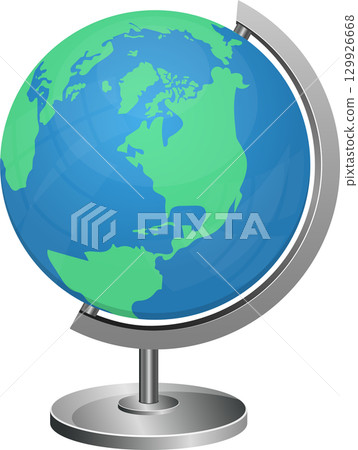 Illustration of a world globe showing North America, displayed on a metallic gray stand. 129926668