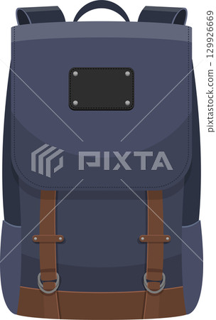 Stylish blue rucksack with brown straps and a black label, perfect for carrying everyday essentials. 129926669