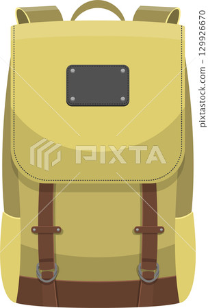 A tan backpack with a rectangular blank name tag and two brown straps with metal rings 129926670