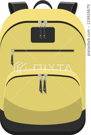 A yellow backpack is displayed, featuring black accents. The bag has several zippered pockets. A yellow backpack is displayed, featuring black accents. The bag has several zippered pockets. 129926679