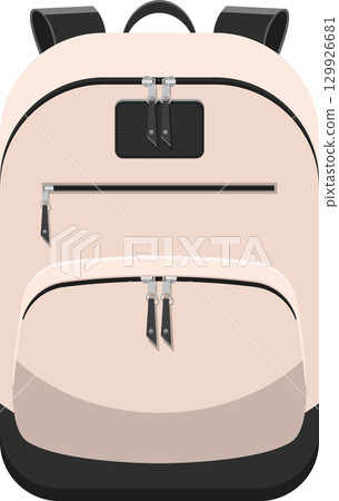 Tan backpack with multiple zippered compartments, top handle, and black straps and bottom. 129926681