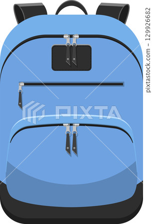 A light blue backpack with black accents features multiple zippered compartments for organization. 129926682