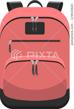 A salmon-colored backpack with black accents and several zippered compartments for storage. 129926683