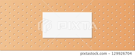 Adhesive bandage with a white pad in the center, providing medical care and wound protection. 129926704