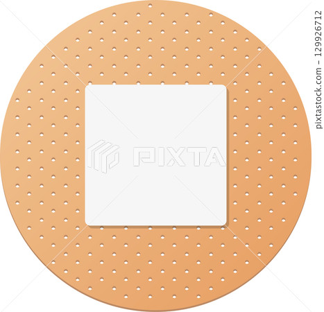 Adhesive bandage with circular, tan-colored perforated surface and white pad in center. 129926712