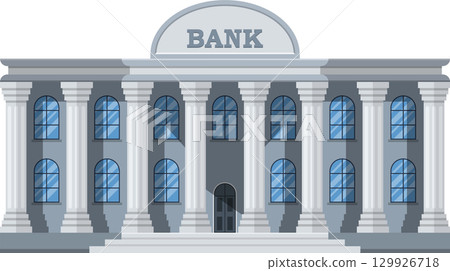 Illustration of a bank building with classic architectural features, columns and arched windows. 129926718