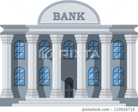 An illustrative bank building with classic architectural design featuring columns and arched windows 129926719