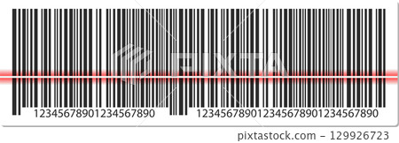 A barcode with vertical black lines and a red laser scan line through the middle. A barcode with vertical black lines and a red laser scan line through the middle. 129926723
