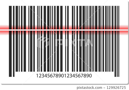 A barcode is scanned with a red laser line over black and white vertical lines for product code A barcode is scanned with a red laser line over black and white vertical lines for product code 129926725