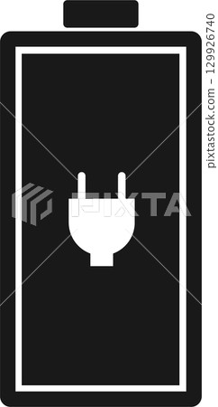 Stylized battery icon featuring a plug symbol indicating charging, set against a dark background 129926740