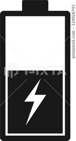 A nearly empty battery with a lightning bolt symbol indicating it is currently charging. 129926743