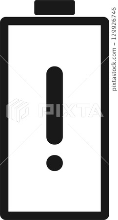 A dark battery icon with an exclamation mark, indicating a low power warning on a device. A dark battery icon with an exclamation mark, indicating a low power warning on a device. 129926746