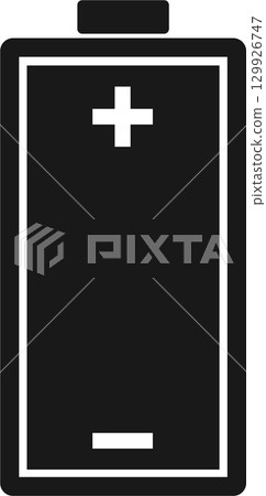 Black and white minimalist icon of a battery with positive and negative polarity indicators. Black and white minimalist icon of a battery with positive and negative polarity indicators. 129926747