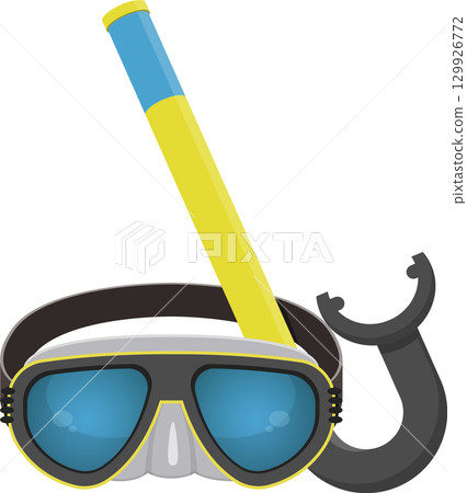 Snorkel gear, including a mask with a blue lens and a yellow and blue snorkel, for diving fun. 129926772