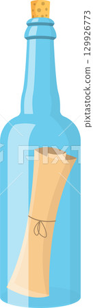 Sealed blue bottle with a cork containing a message inside, waiting to be discovered ashore. 129926773