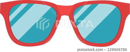 Illustration of red framed sunglasses with light blue reflective lenses on a black background. 129926780