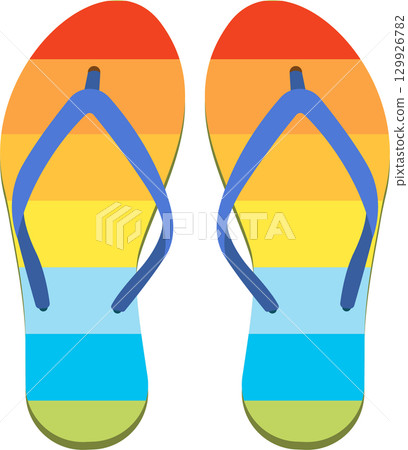 Pair of colorful flip-flops with rainbow stripes, suitable for summer vacation and beach time. 129926782