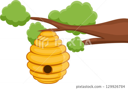 Cartoon illustration of a beehive hanging from a branch with green leaves against black backdrop 129926784