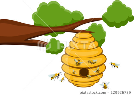 A cartoon illustration of a bee hive hanging from a tree branch, with several bees flying around. 129926789
