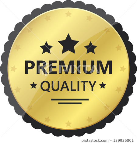Gold Premium Quality Badge with Stars: Symbol of Excellence, Top Value, Achievement, and Trust. 129926801