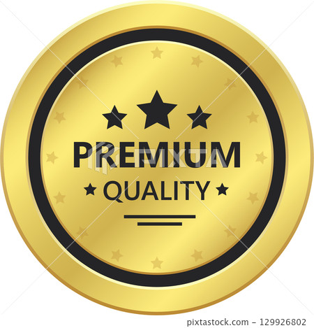 A golden round premium quality label design with black borders and star icons. Top choice badge. A golden round premium quality label design with black borders and star icons. Top choice badge. 129926802