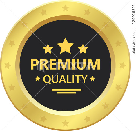 A shiny golden seal with three stars and the words 'premium quality' in yellow font on a black field. 129926803
