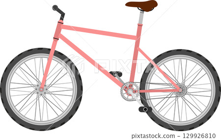 A pink bike with a brown seat stands ready for a ride, designed for adventure and fun outdoors. 129926810