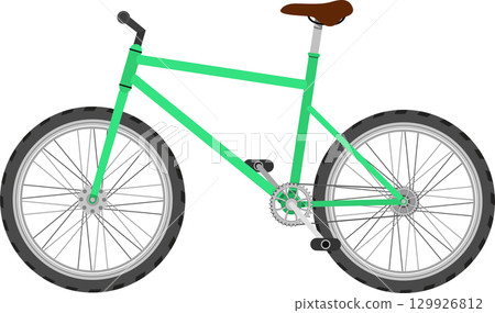 A green bicycle with knobby tires, a brown seat, and pedals is poised for an adventure. A green bicycle with knobby tires, a brown seat, and pedals is poised for an adventure. 129926812