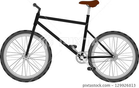 Illustration of a black bicycle with brown seat, showing spokes, tires, pedals, and frame. 129926813
