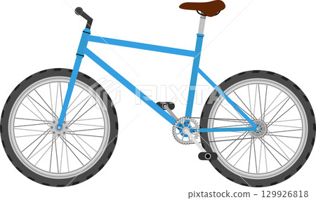 Blue bike with knobby tires and a brown seat suitable for off-road riding and recreation. Blue bike with knobby tires and a brown seat suitable for off-road riding and recreation. 129926818