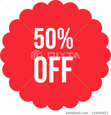 Red scalloped circle with '50% OFF' in white, indicating a half-price sale or special promotion. 129926821