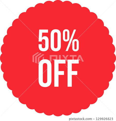 A red circular sticker with a scalloped edge and a fifty percent off sale promotional discount. 129926823