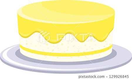 Illustration of a three-layered cake with yellow icing dripping down the sides on a plate. Illustration of a three-layered cake with yellow icing dripping down the sides on a plate. 129926845
